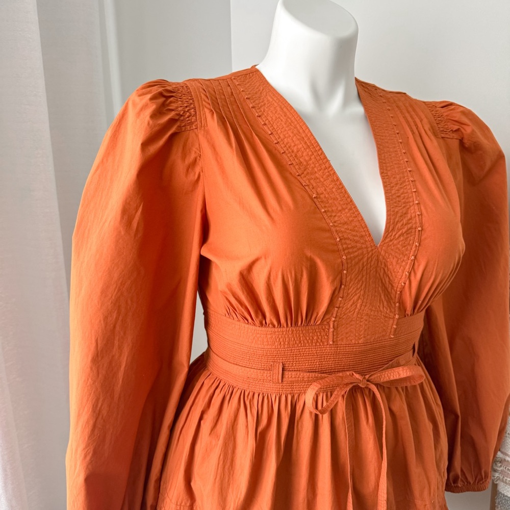 Ulla Johnson Rosalind Saffron Burnt Orange Long Puff Sleeves Mini Dress Size 10 - Picture 4 of 14